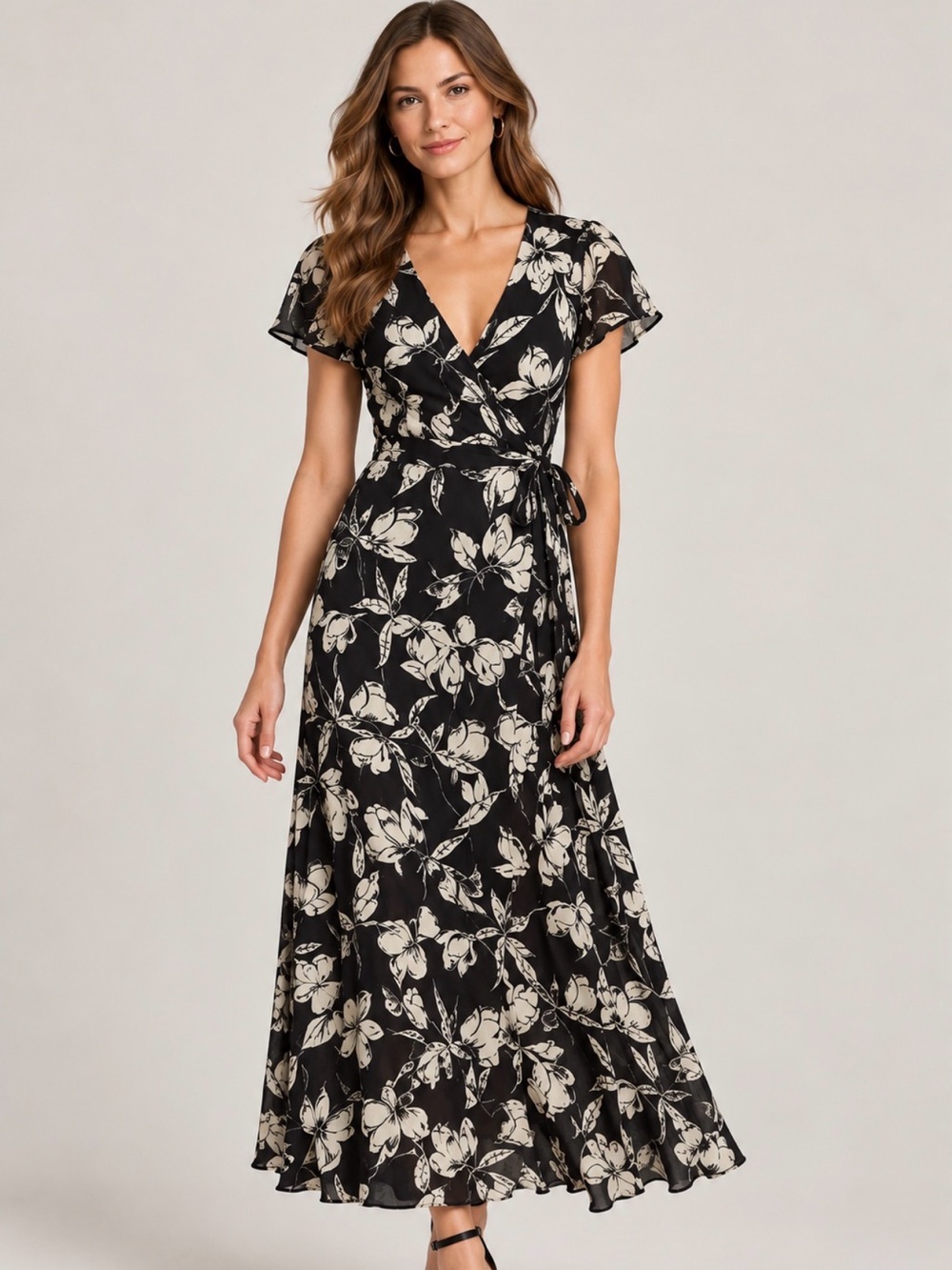 Polo Ralph Lauren Floral Wrap Midi Maxi Dress Black Ivory Size 6